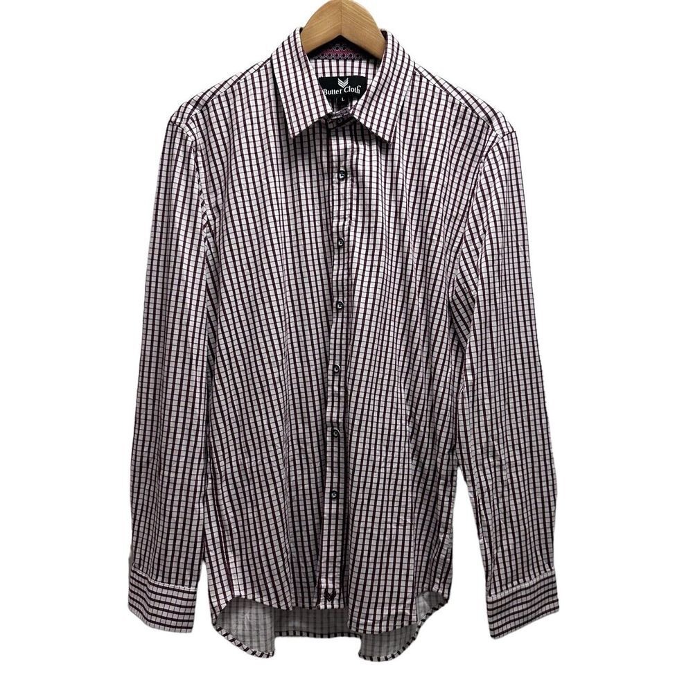 Butter Cloth Men's Size L Button Front Shirt Burgundy/White Plaid Cotton L/S euc